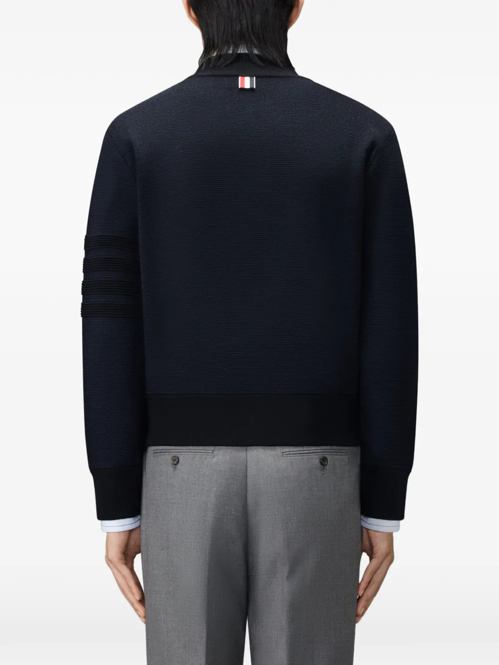 Navy jacket, full body view