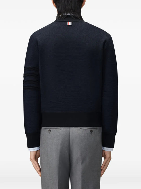 Navy jacket, full body view