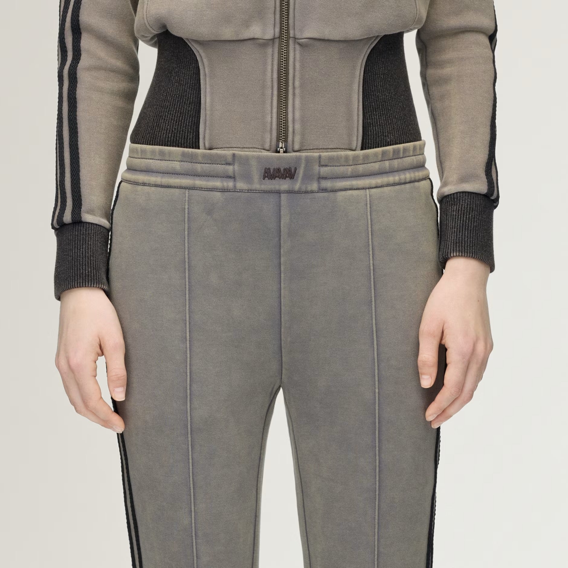 Close up of Grey pants, showing texture of the cotton fabric