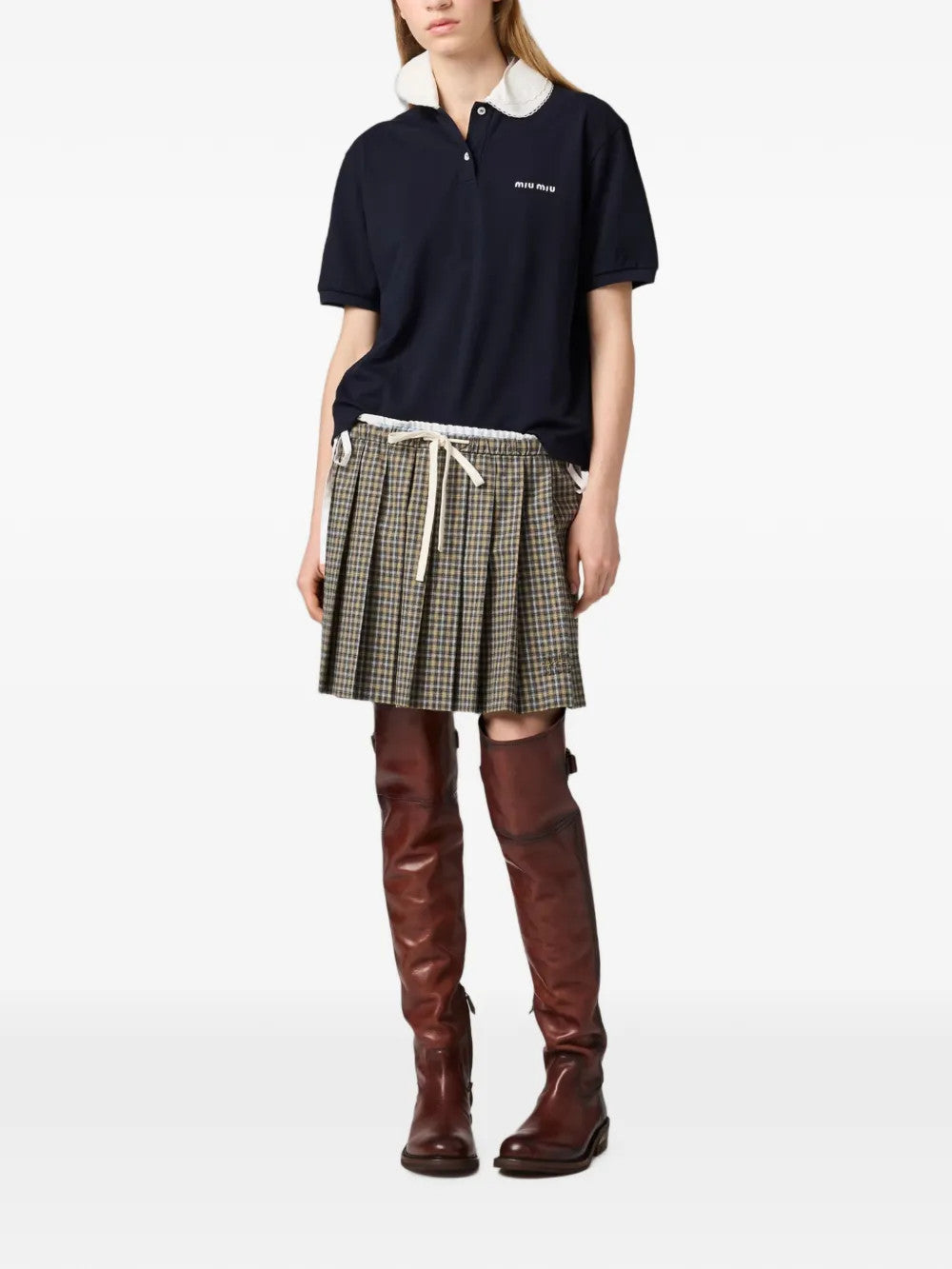 Navy shirt, full body view