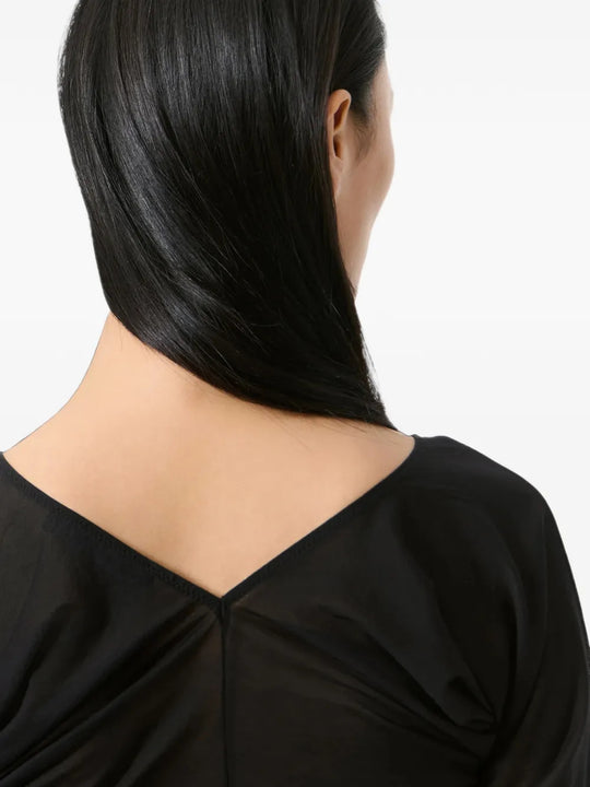 Black top worn by a person, showing the top fit