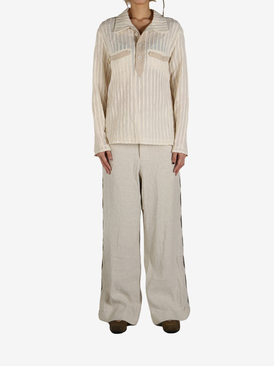 Tan shirt, full body view