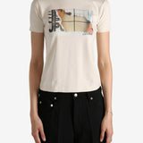 Tan t-shirt worn by a person, showing the  t-shirt fit