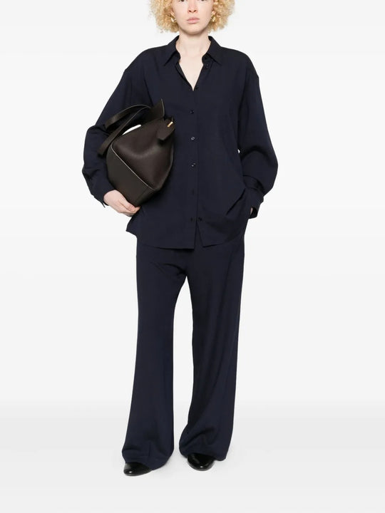 Navy pants, full body view