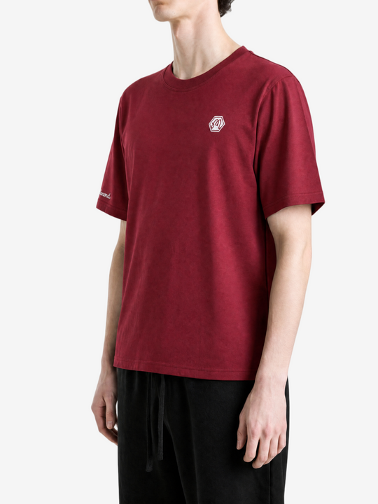 Red t-shirt worn by a person, showing the t-shirt fit