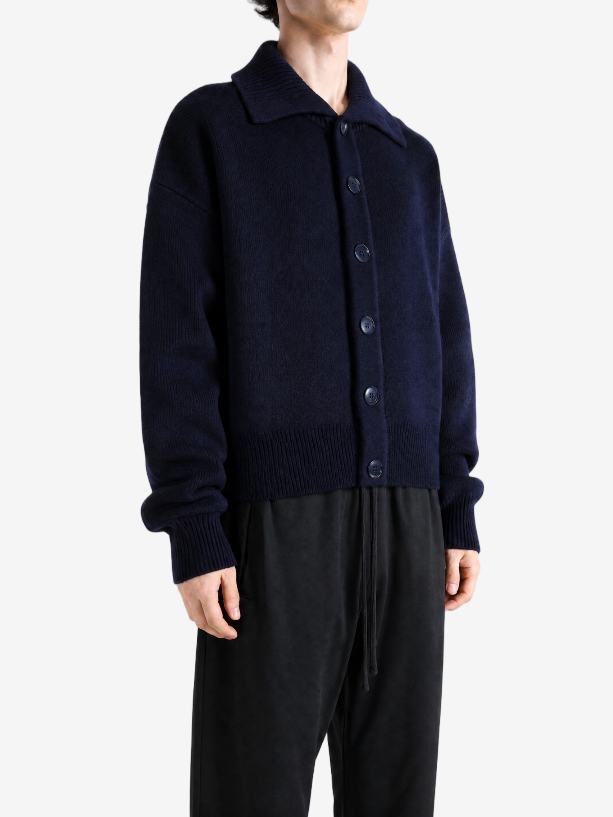 Navy hoodie, full body view
