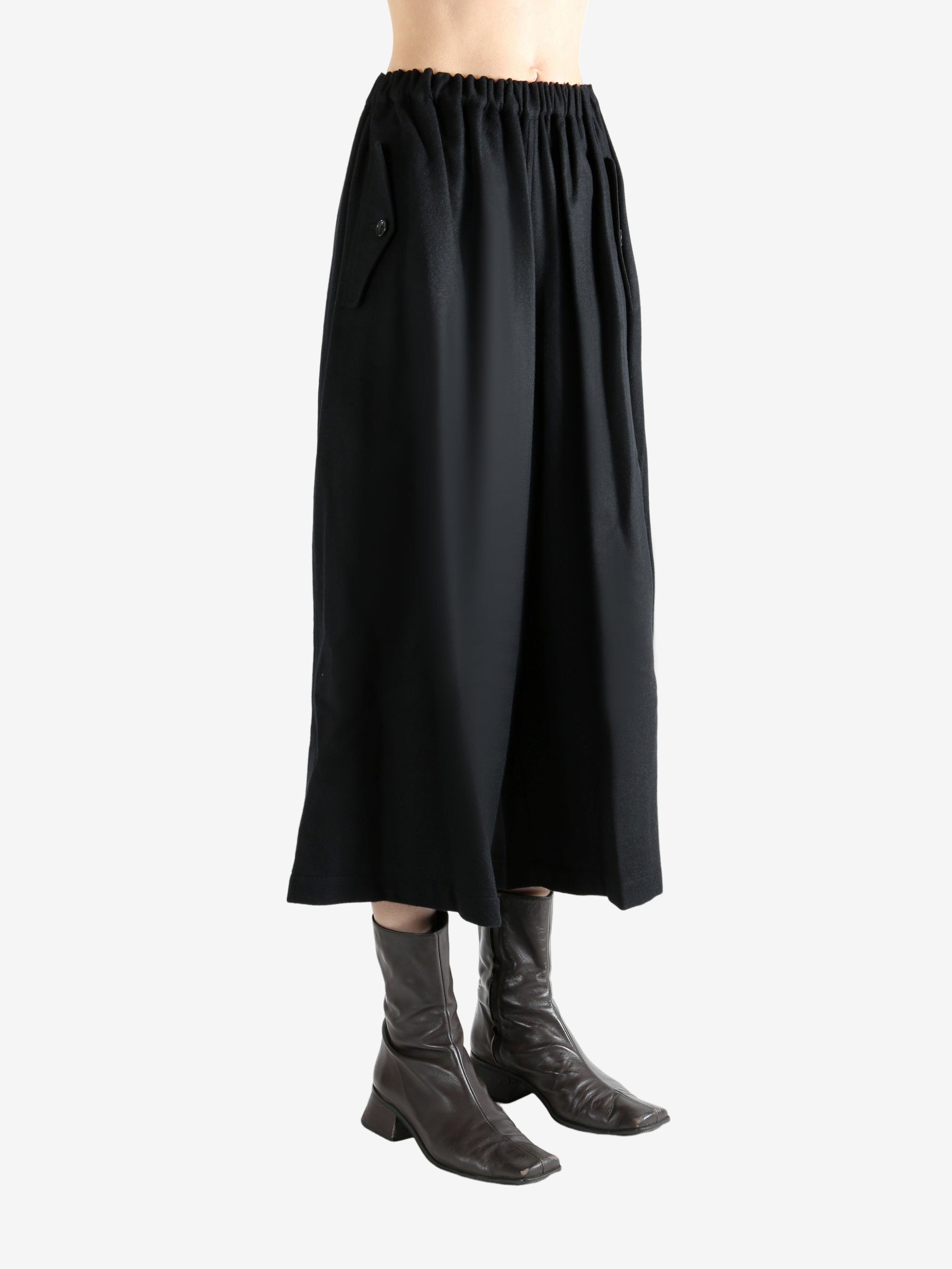 Black pants worn by a person, showing the pants' fit