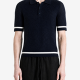 Navy top, full body view