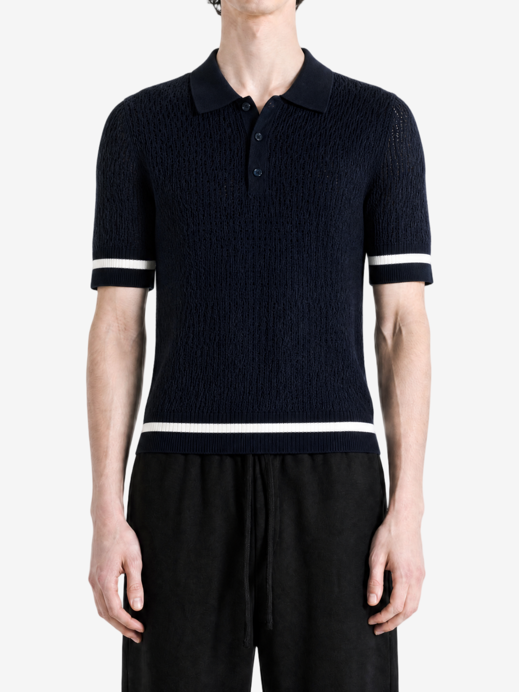 Navy top, full body view
