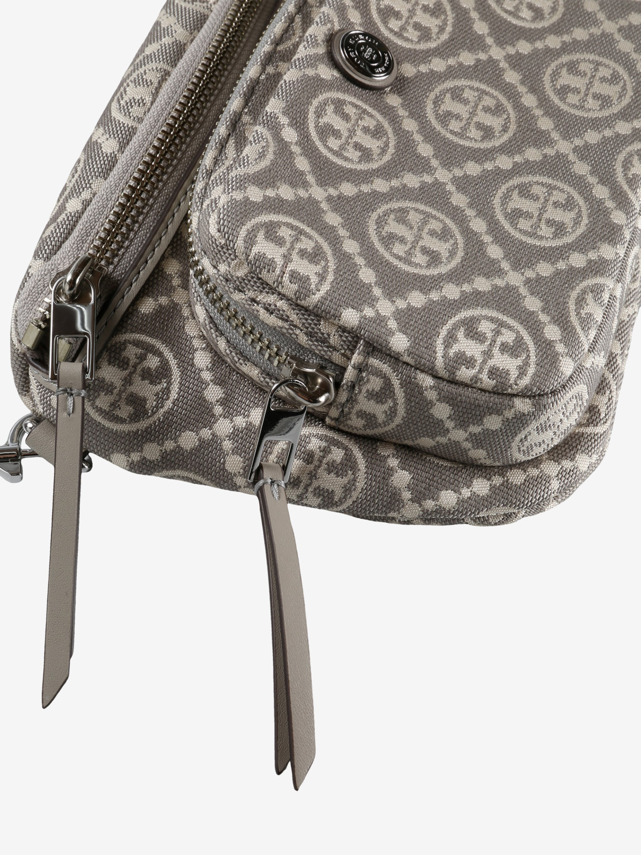 Close up of the grey bag, showing texture of the cotton and polyester fabric