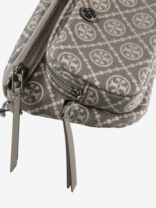 Close up of the grey bag, showing texture of the cotton and polyester fabric