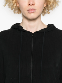 Close up of black hoodie, showing texture of the cupro fabric