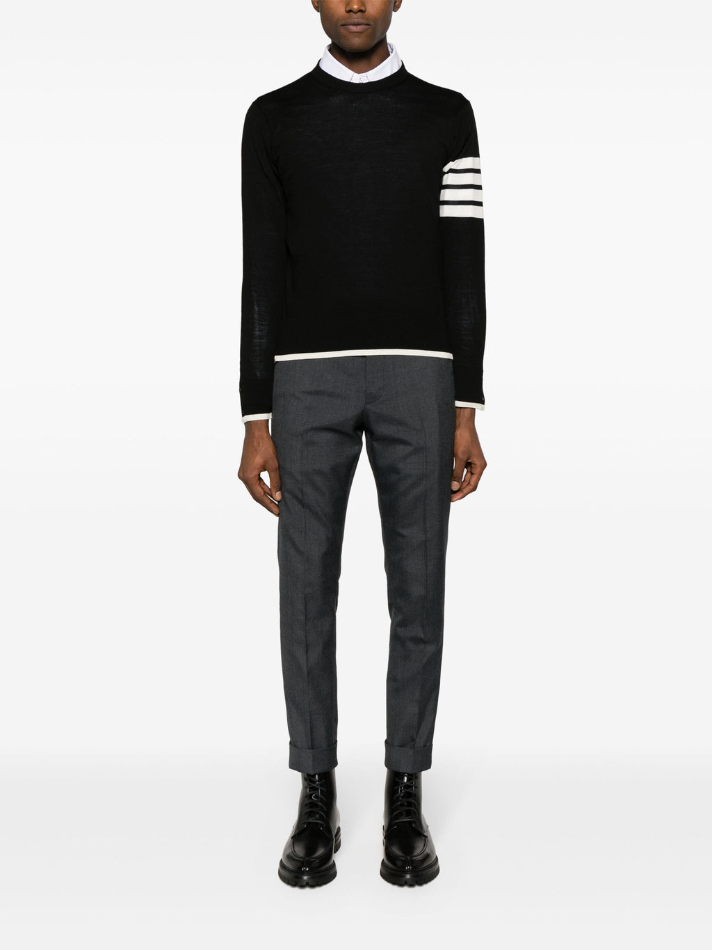 THOM BROWNE - Men Jersey Stitch Relaxed Fit Crew Neck Pullover In Fine Merino Wool W/4 Bar Stripes