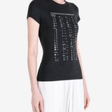 Black t-shirt worn by a person, showing the t-shirt fit