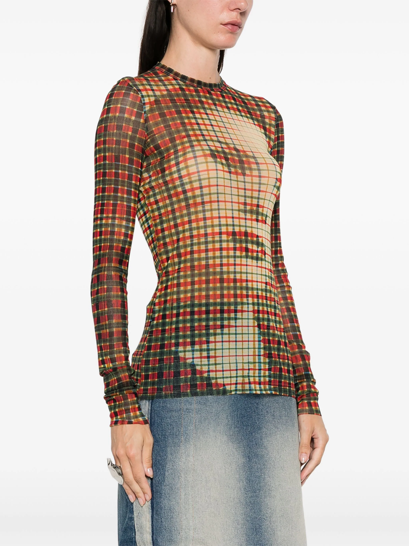 JEAN PAUL GAULTIER - Women Printed "Tartan Face" Mesh Long Sleeve Top