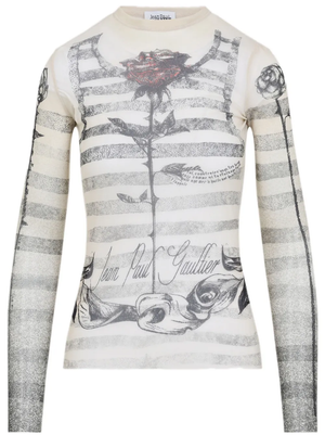 JEAN PAUL GAULTIER - Women Printed"Tattoo Marinière"Rinière" Mesh Long Sleeves Top