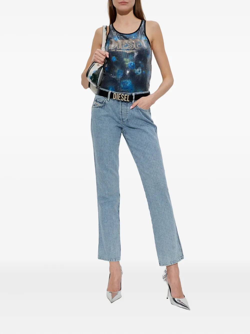 blue top, full body view