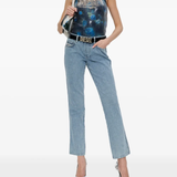 blue top, full body view