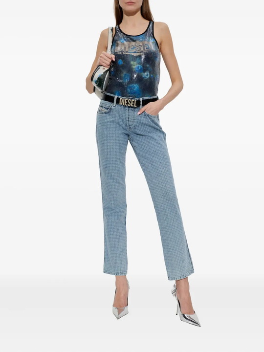 blue top, full body view