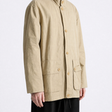 Tan jacket worn by a person, showing the jacket fit