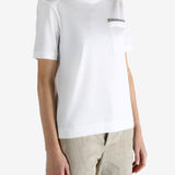 White t-shirt worn by a person, showing the t-shirt fit