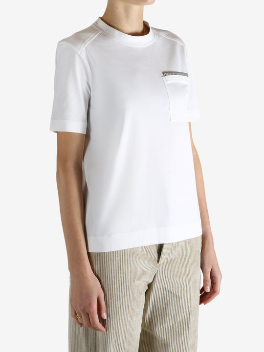 White t-shirt worn by a person, showing the t-shirt fit