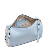 Close up of blue bags, showing texture of the cow leahter fabric