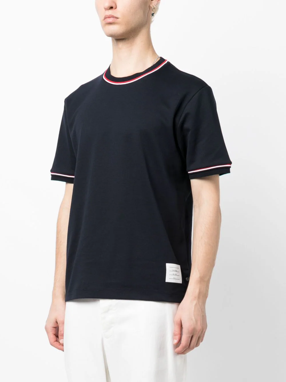 THOM BROWNE Men Short Sleeve Tee w/ RWB Stripe Trim in Cotton