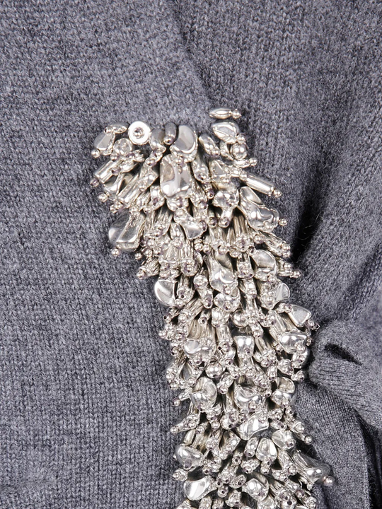 Close up of grey cardigan,showing texture of the cashmere fabric