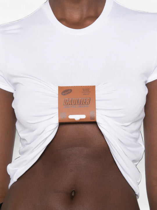 White t-shirt worn by a person, showing the t-shirt fit