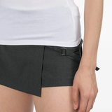 Close up of Grey shorts, showing texture of the 54% Recycled Polyester/ 44% Wool/ 2% Elastane fabric