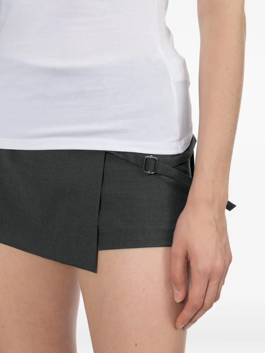 Close up of Grey shorts, showing texture of the 54% Recycled Polyester/ 44% Wool/ 2% Elastane fabric