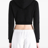 Black hoodie worn by a person, showing the hoodie's fit