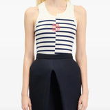 Navy top, full body view