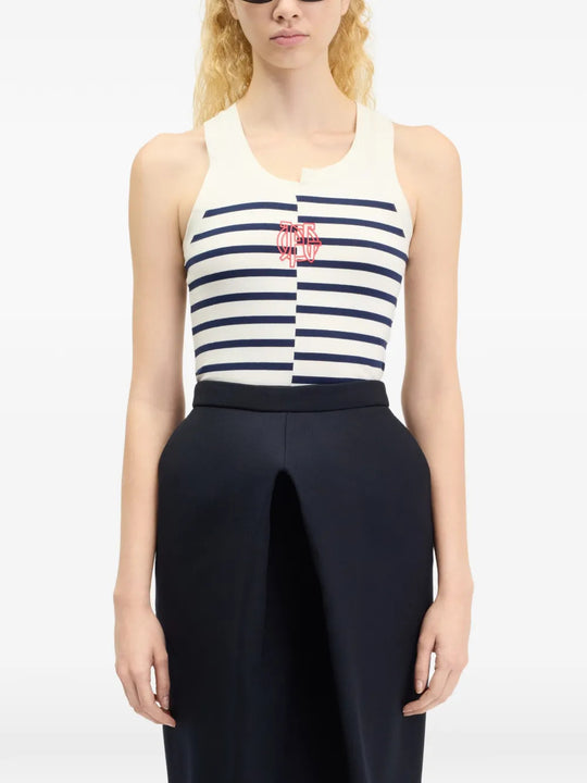 Navy top, full body view