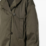 Green jacket worn by a person, showing the jacket fit