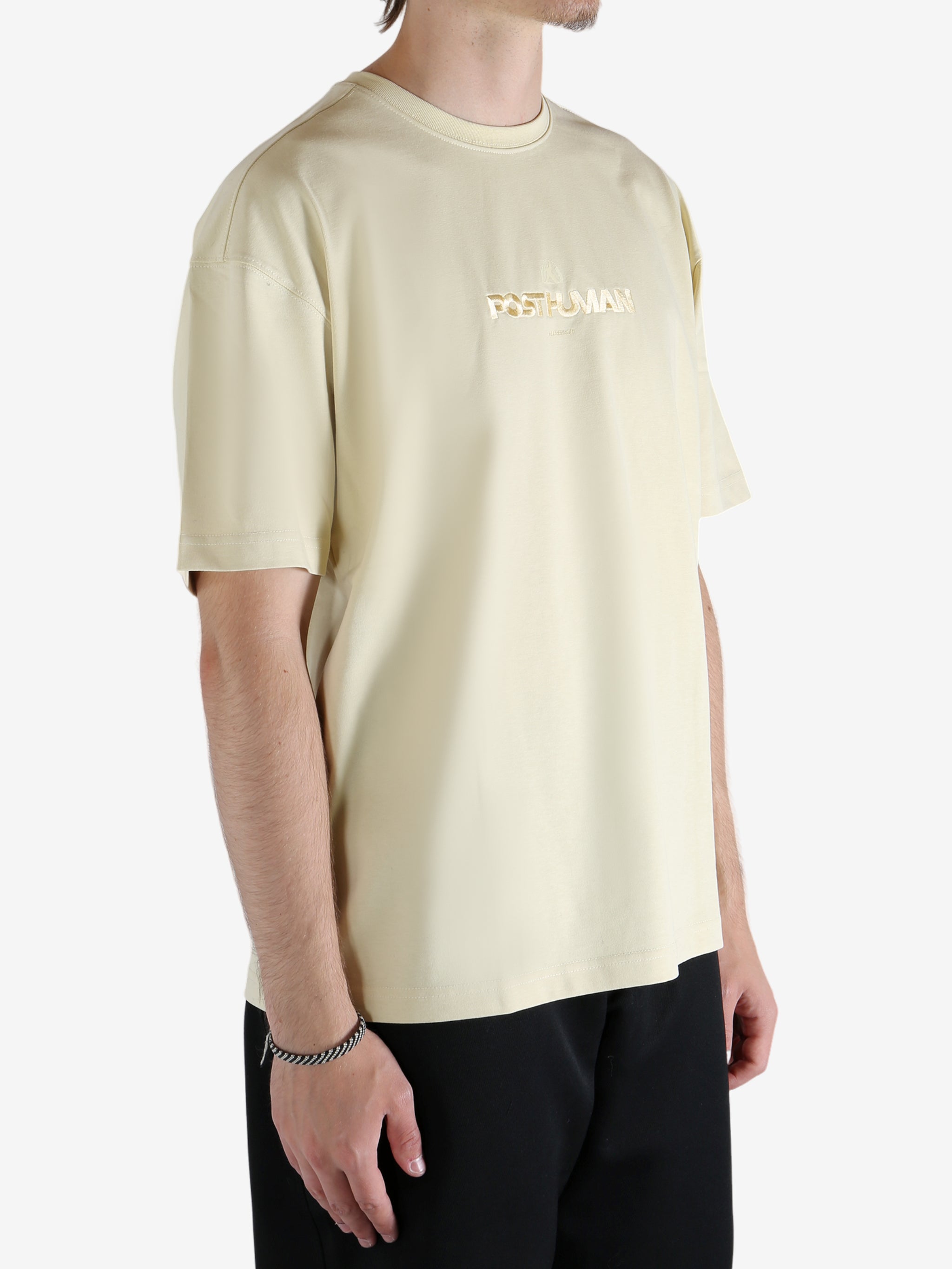 Tan t-shirt worn by a person, showing the t-shirt's view