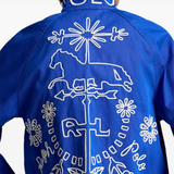 Blue jacket worn by a person, showing the jacket fit