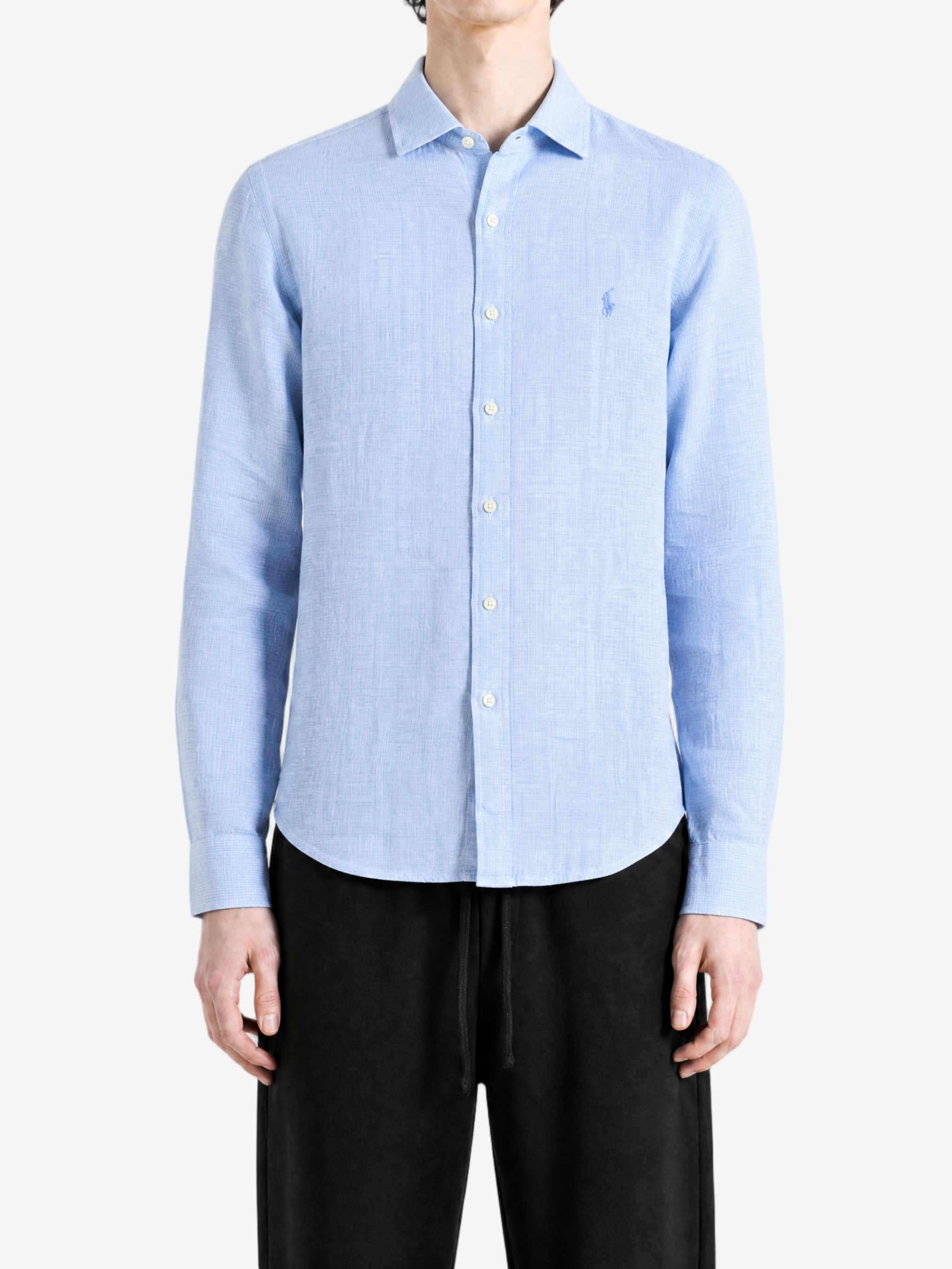 Blue shirt, full body view