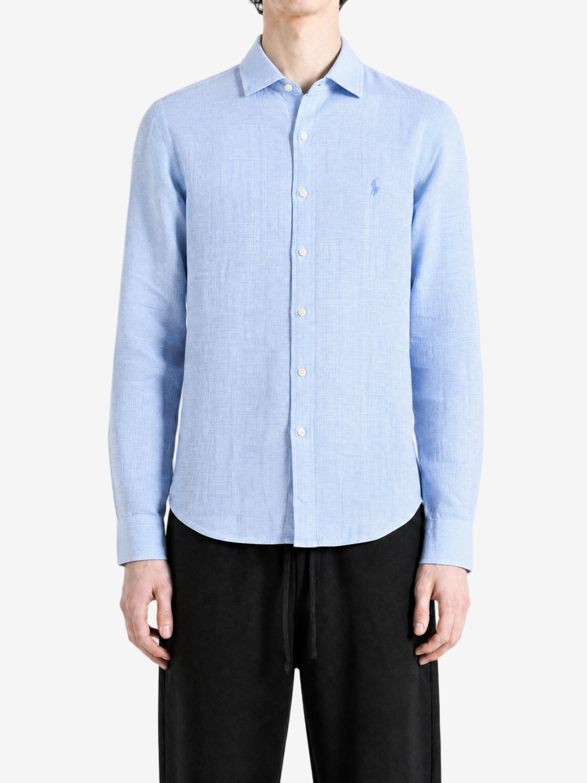 Blue shirt, full body view