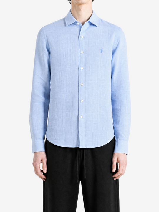 Blue shirt, full body view