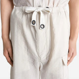 Close up of white short, showing texture of the cotton fabric