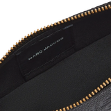 Close up of Black small accessories, showing texture of the Cow Split Leather  and Polyurethane Coating fabric
