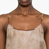 Close up of tan dress, showing texture of the Viscose fabric