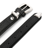 Close up of black belt, showing texture of the Grained Leath fabric