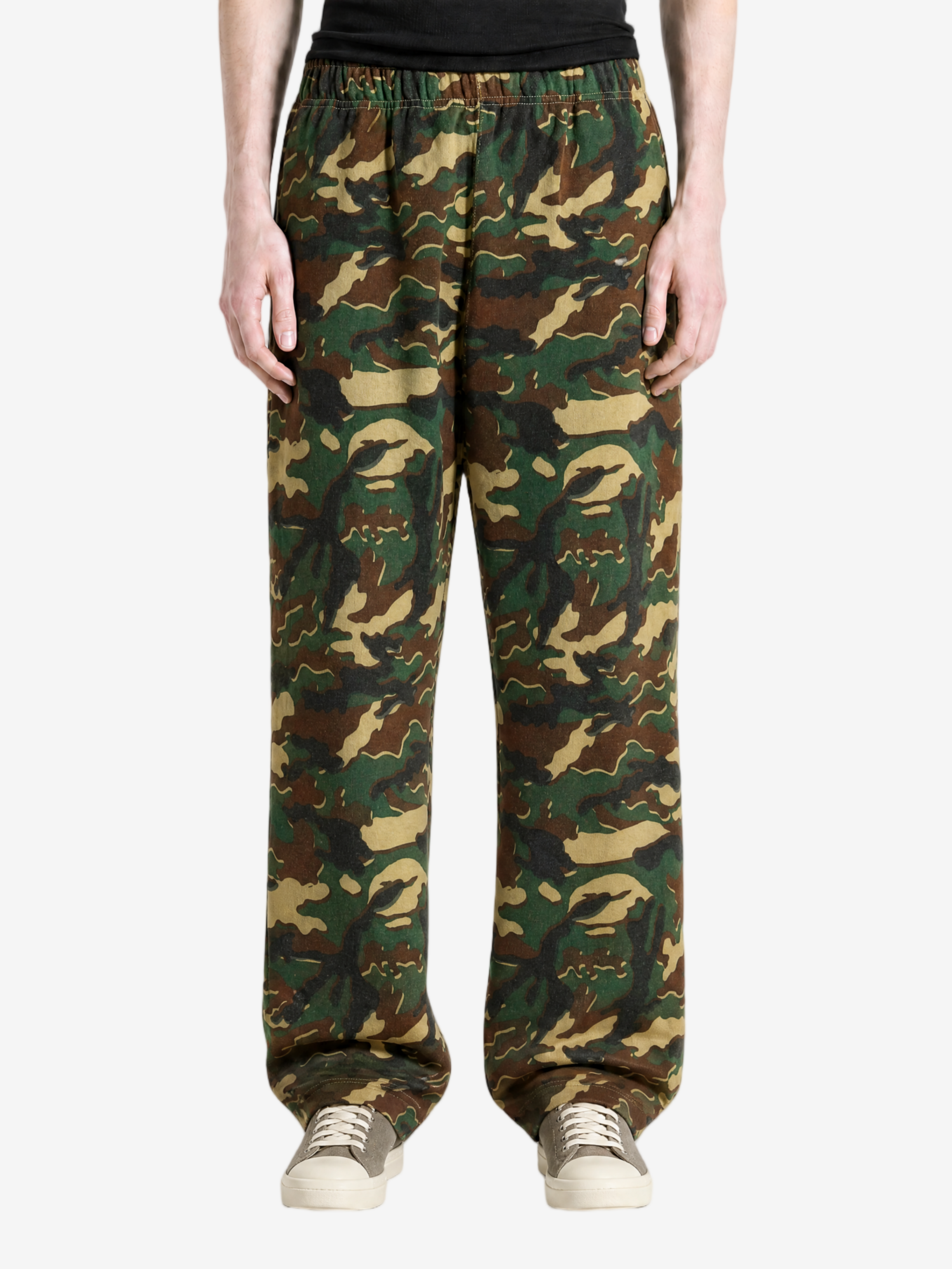 Green pants, full body view
