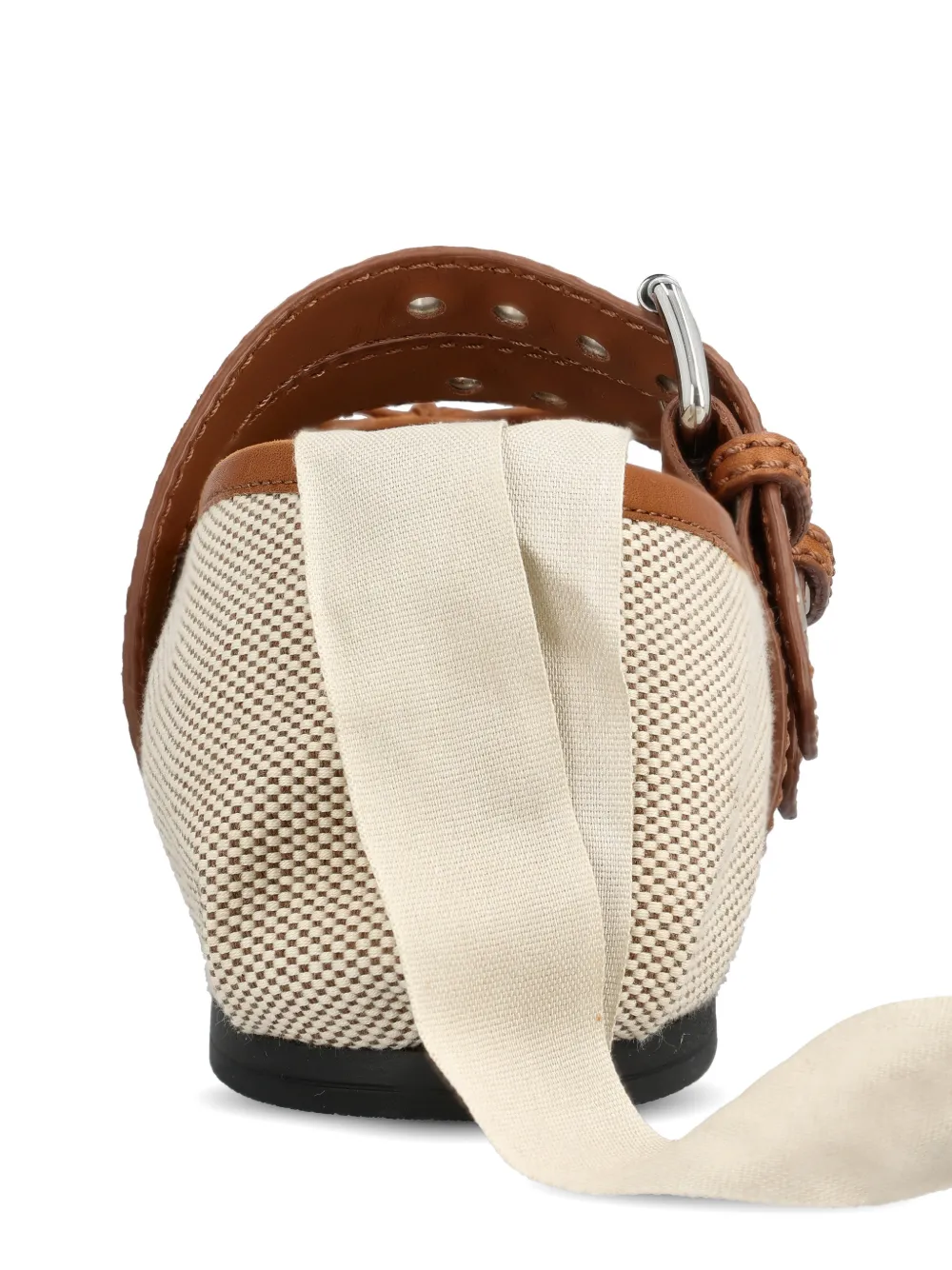 close up of brown flats, showing texture of the cotton fabric