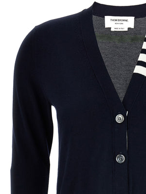 THOM BROWNE - Women Jersey Stitch 3/4 Sleeve  W/4 Bar Stripe V Neck Cardigan