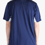 Navy T-shirt  worn by a person, showing the shirt's fit