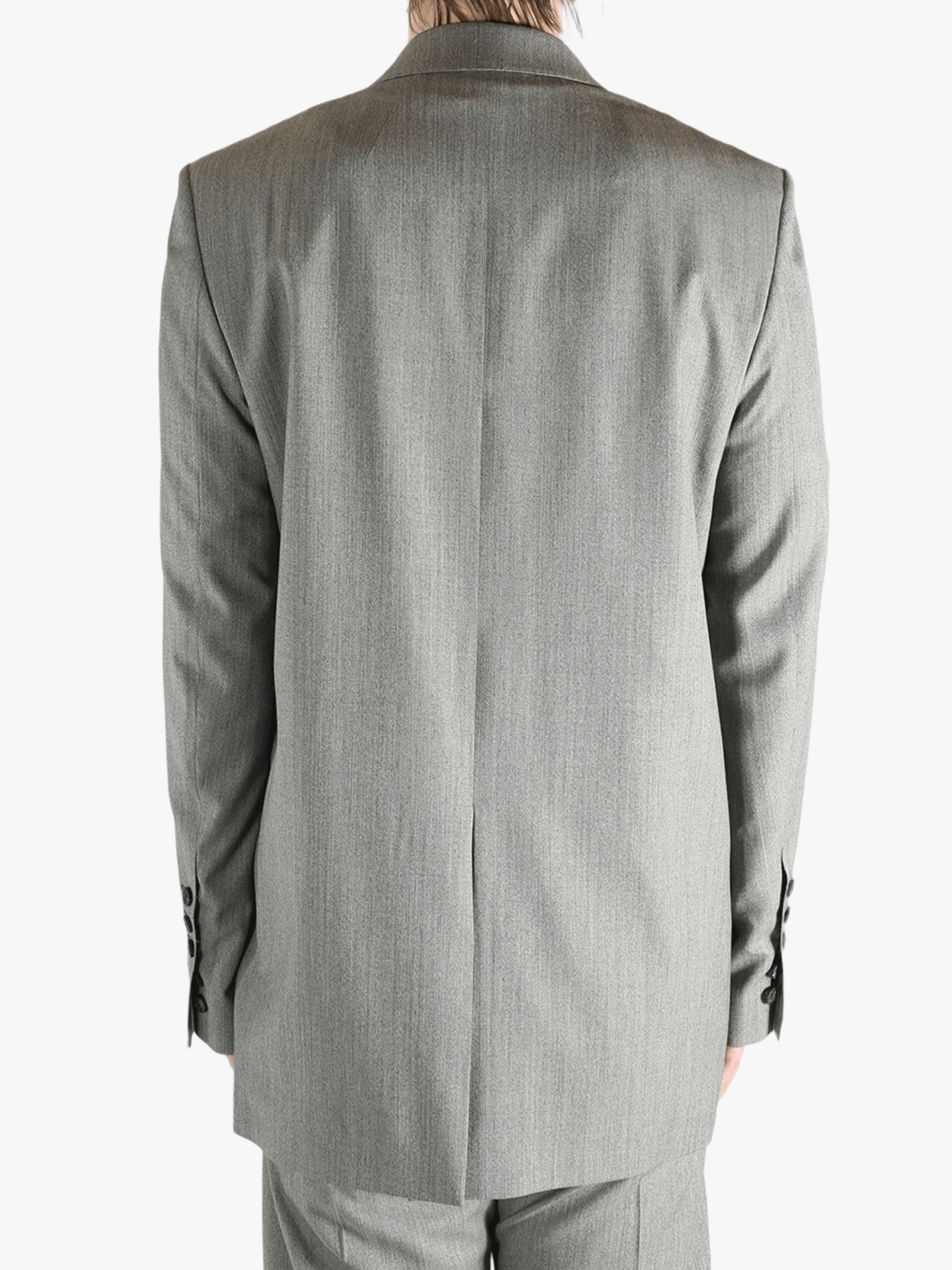 Grey jacket worn by a person, showing the jacket's fit